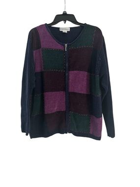 Dressbarn Vintage Navy Purple Patchwork Zip Front Sweater Size 14/16